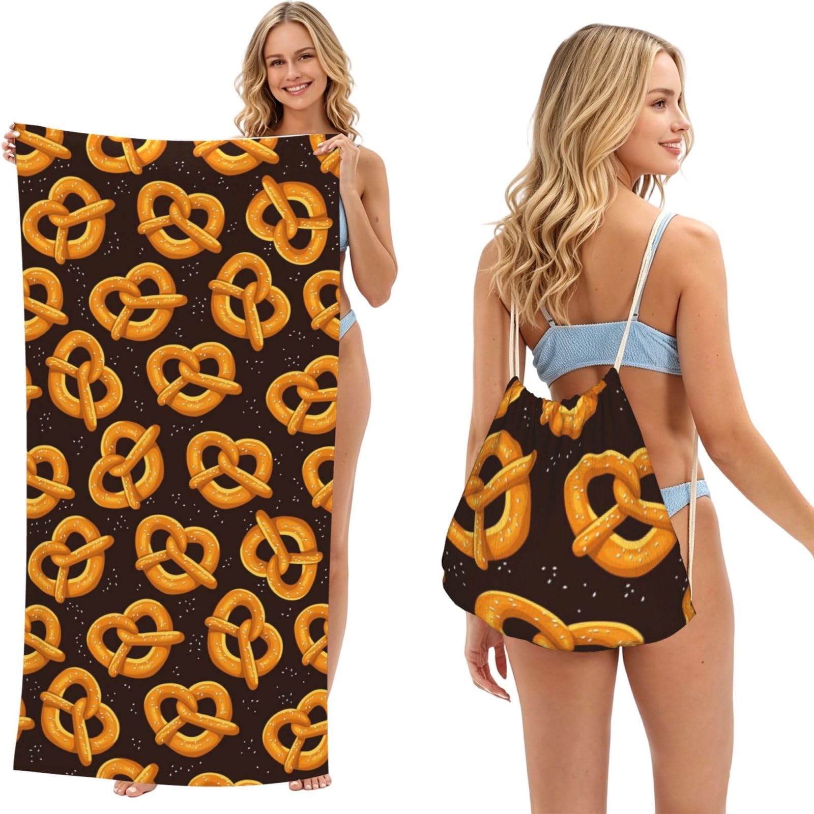 Poadnly As Picture Cartoon Pretzel, 2 In 1 Packable Towel Bag, Beach Towels With Drawstring Backpack For Travel Holiday Camping