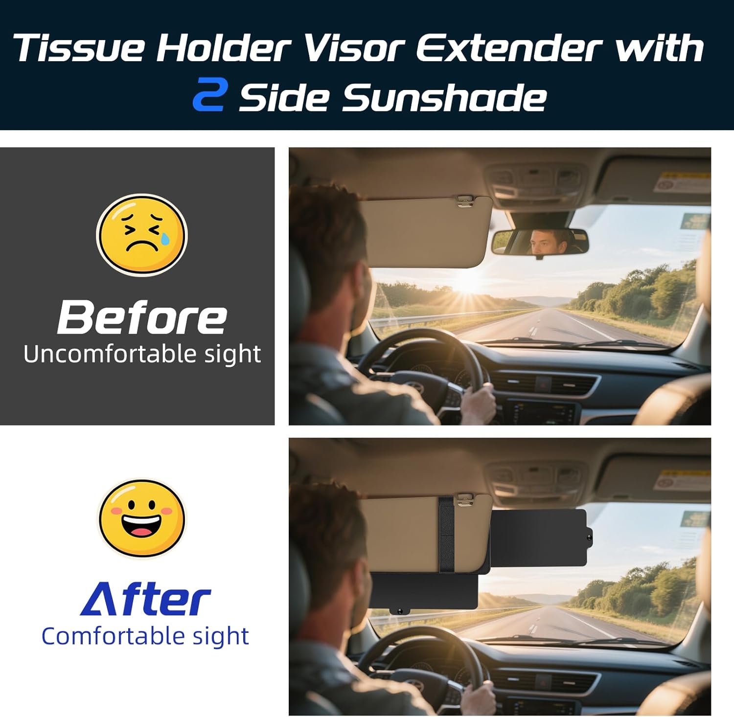 Car Tissue Holder with Sun Visor Extender - Includes Car Visor Extender Sun Blocker, Tissue Holder & Card Organizer, Auto Adjustable Anti-Glare Improving Driving Experience