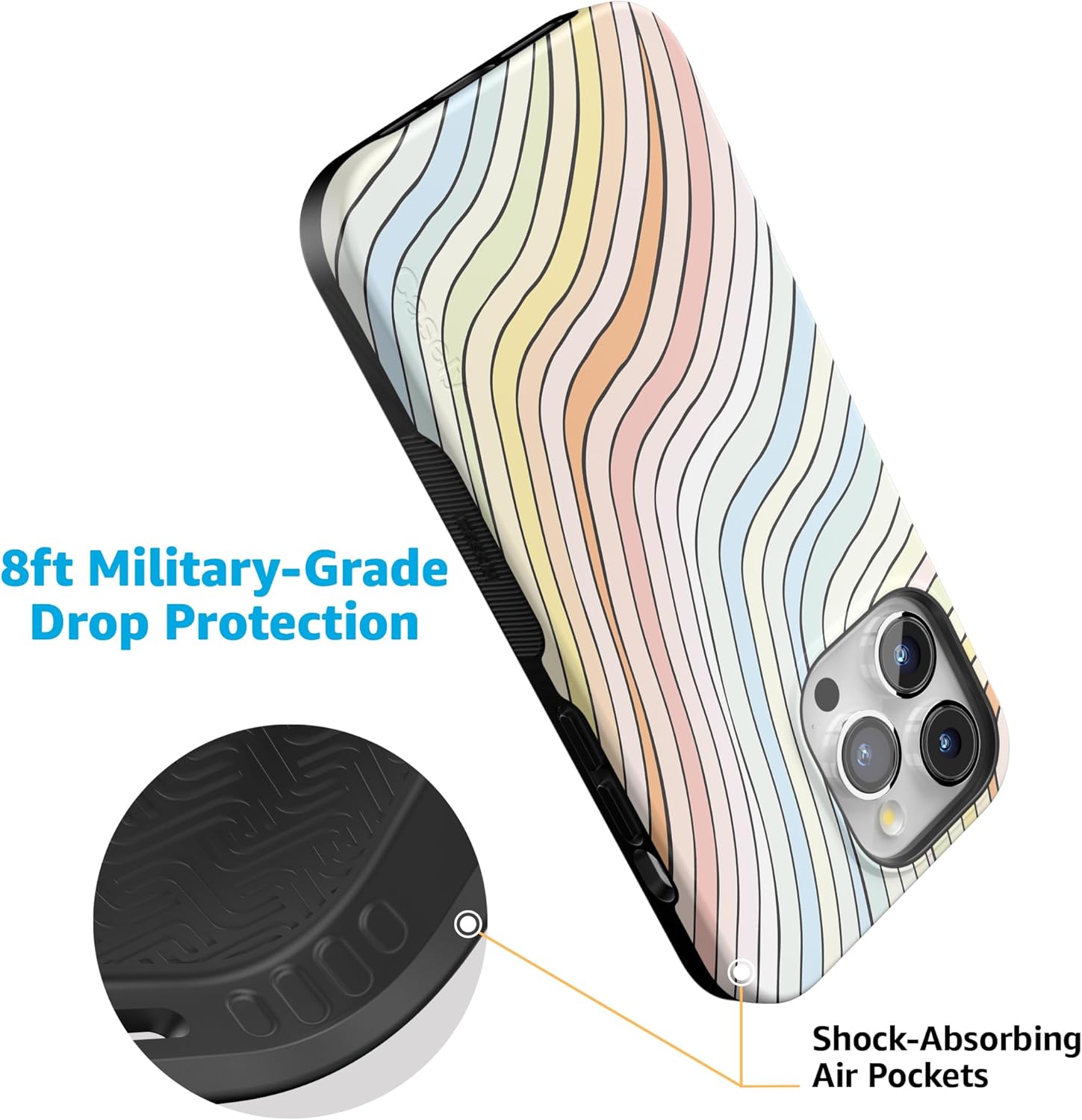 Casely iPhone 14 Pro Case | Ride The Wave | Pastel Rainbow Lined | Bold Protective Design | Compatible with MagSafe