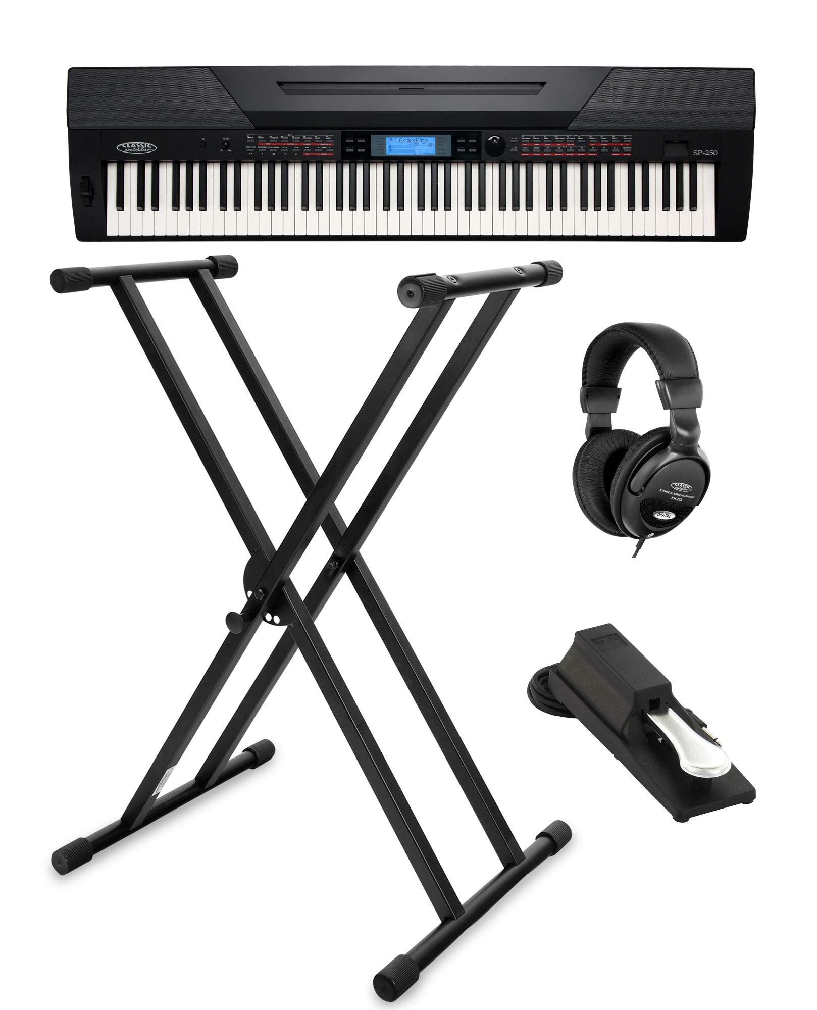 Classic Cantabile SP-250 BK Stagepiano schwarz Set inkl. Ständer, 5 Demo | 88 echte Hammertasten mit Anschlagdynamik, Max. Polyphonie: 128, 600 Voices, 120 Songs inkl. 5 User Songs, 48 Speicherplätze