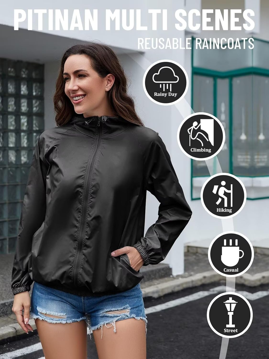PITINAN Women's Rain Jacket Waterproof Lightweight Packable Raincoat with Hood for Running Windbreaker Jacket S-XXL - Image 3