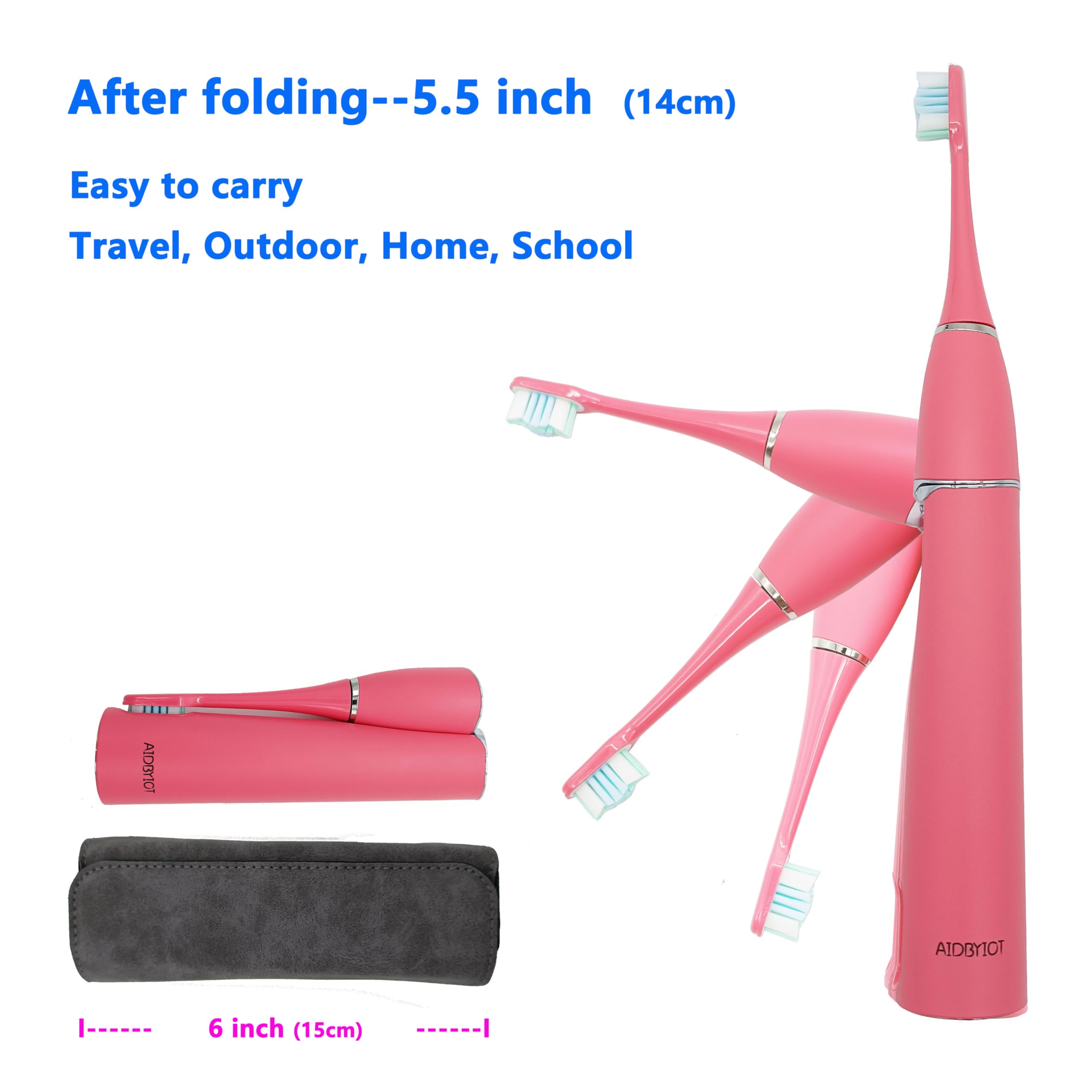 cepillo eléctrico AIDBYIOT Sonic Mango plegable. Autolimpiante cepillo para polvo de viaje Accesorios Apple Recargables. Rosa. 4 cabezales de cepillo para polvo. Bolsa de viaje.