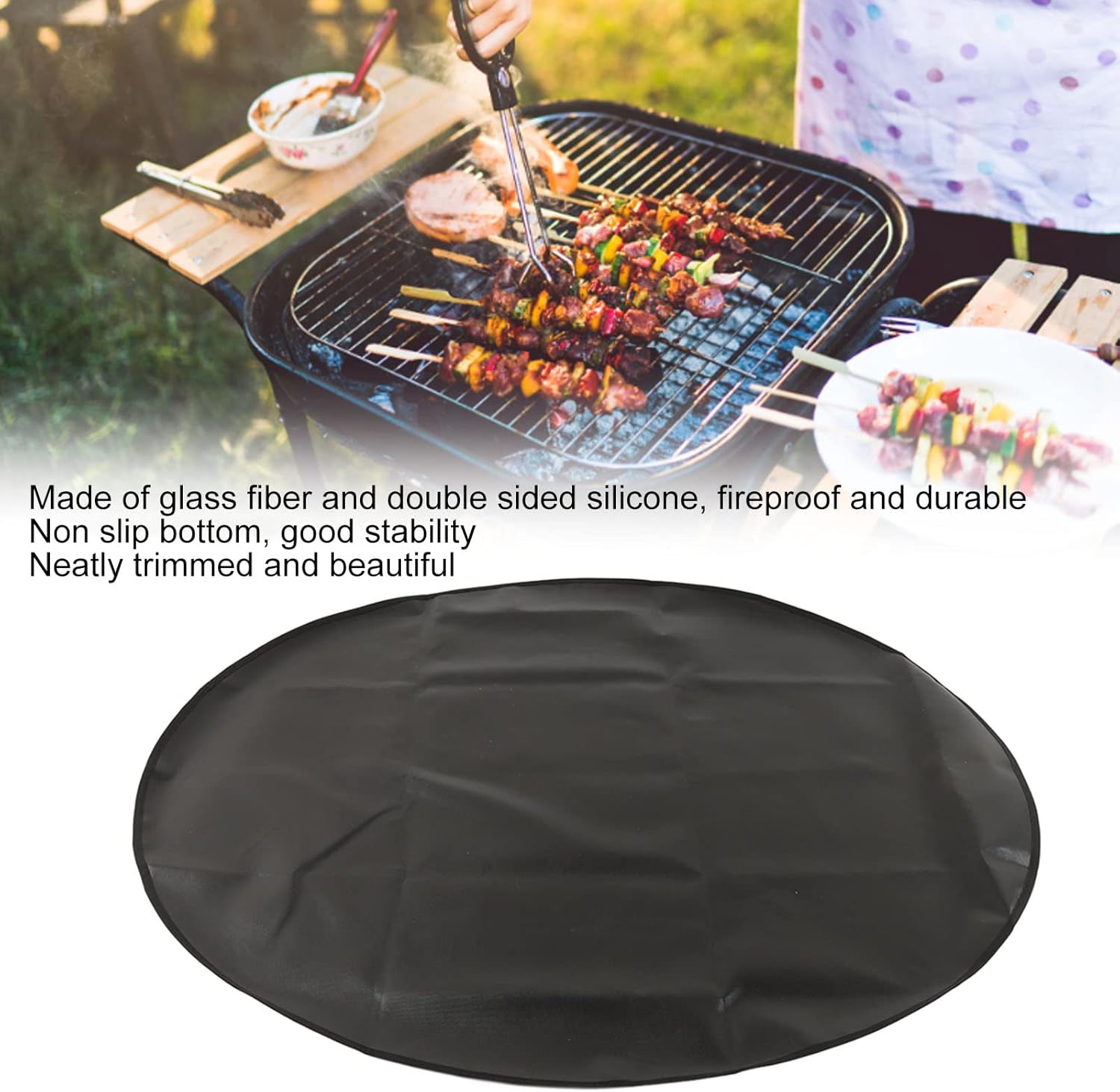 Grill Mat, Glass Fiber Double Sided Silicone Fireproof Reusable BBQ Accessories, Foldable Washable Anti Slip Practical Hearth Rugs Fireproof, for Outdoor Camping[122CM]