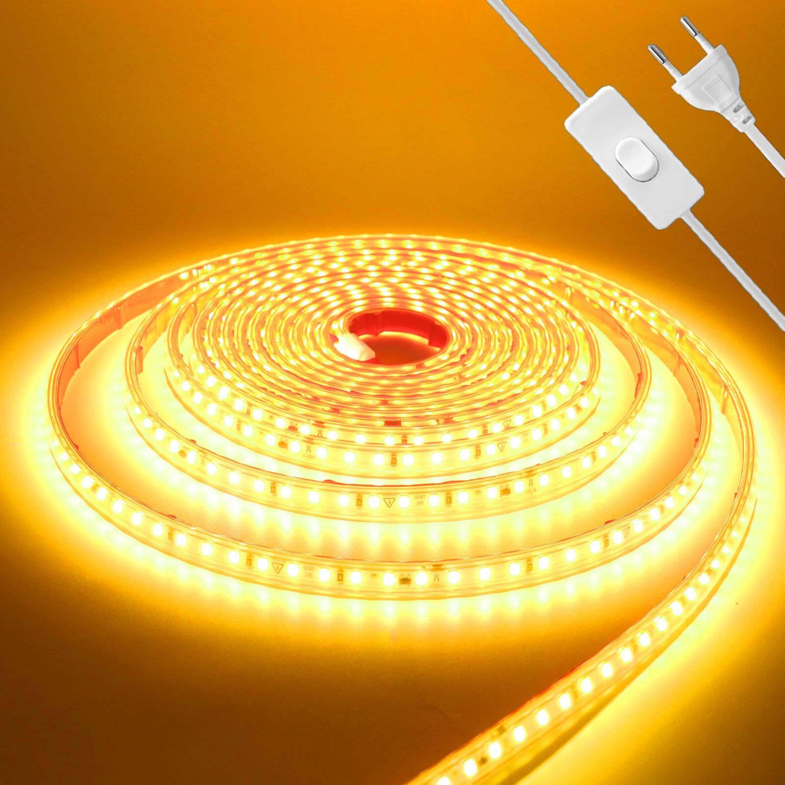 220V Tira LED con On/Off [50m,Amarillo],IP65 Estanco Flexible,Tira de Luz LED Recortable CRI85+,Iluminación decorativa hogar/tienda