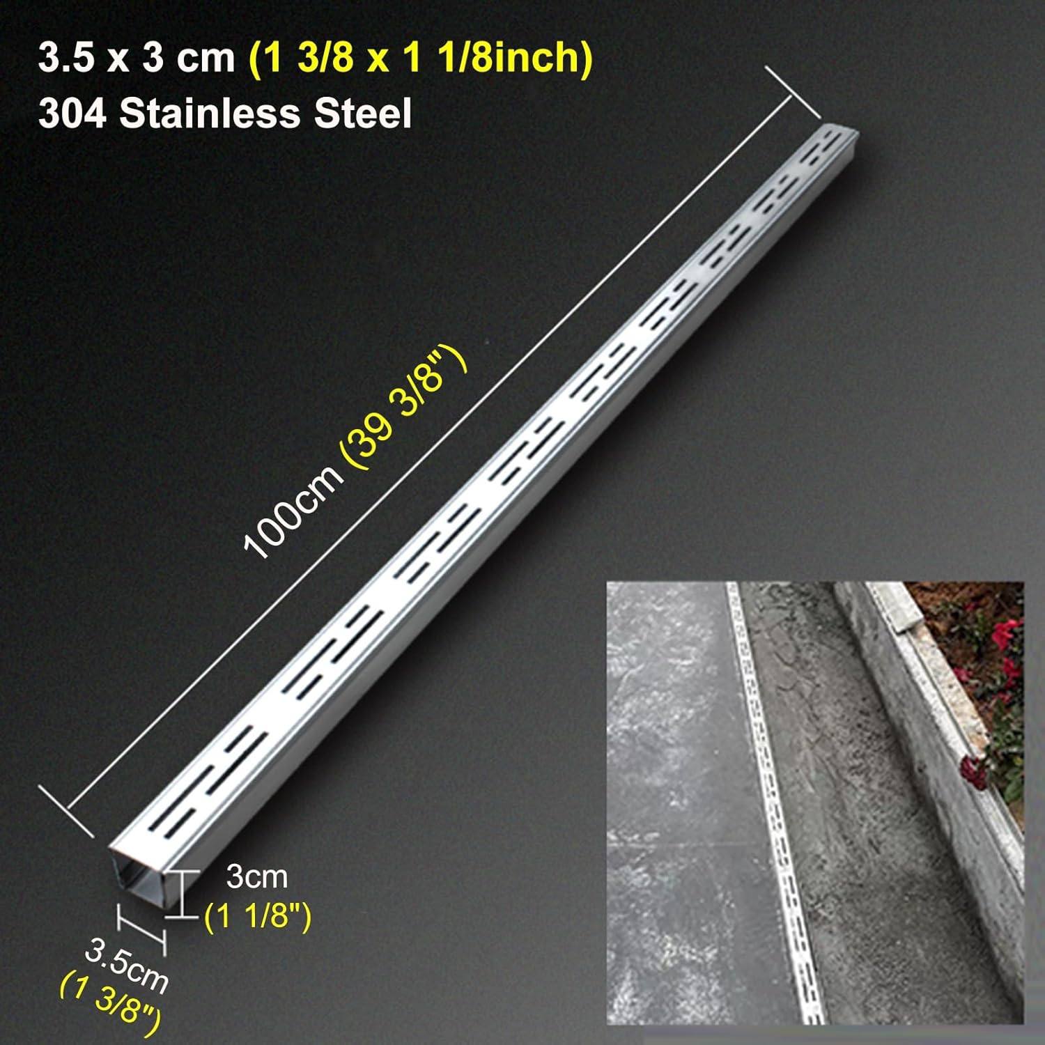 Heavy Duty 304 Stainless Steel Trench Drain Kit, Slim Outdoor Channel Drain Pipe for Yard, Garden, Deck - 3.5x3cm (1 3/8" x1 1/8") - Durable Water Management Solution