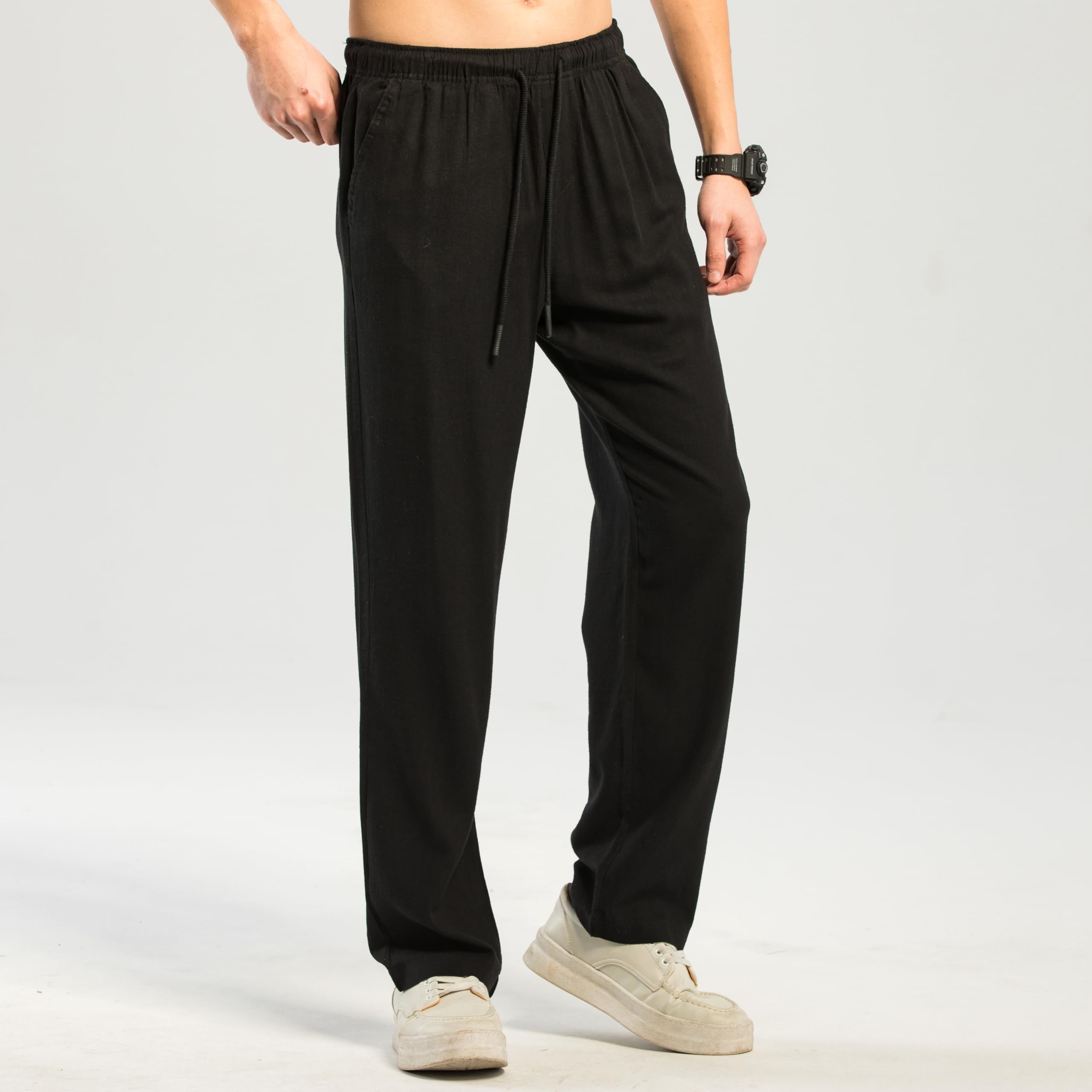TONY BACKER Pantaloni Uomo Lino Estivi Tasche Coulisse Elasticizzata Casual Spiaggia Yoga P2711