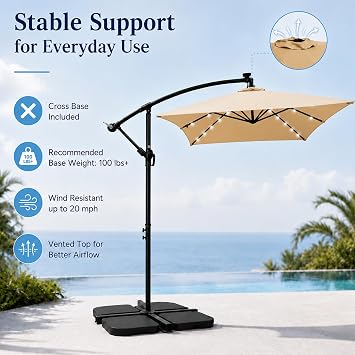 10x6.5FT Patio Umbrella, Outdoor Offset Umbrella with Cross Base and Crank, Rectangular Cantilever Umbrella with Solar Lights, Hanging Market Umbrella with 6 Rids for Pool, Deck, Backyard (Tan)