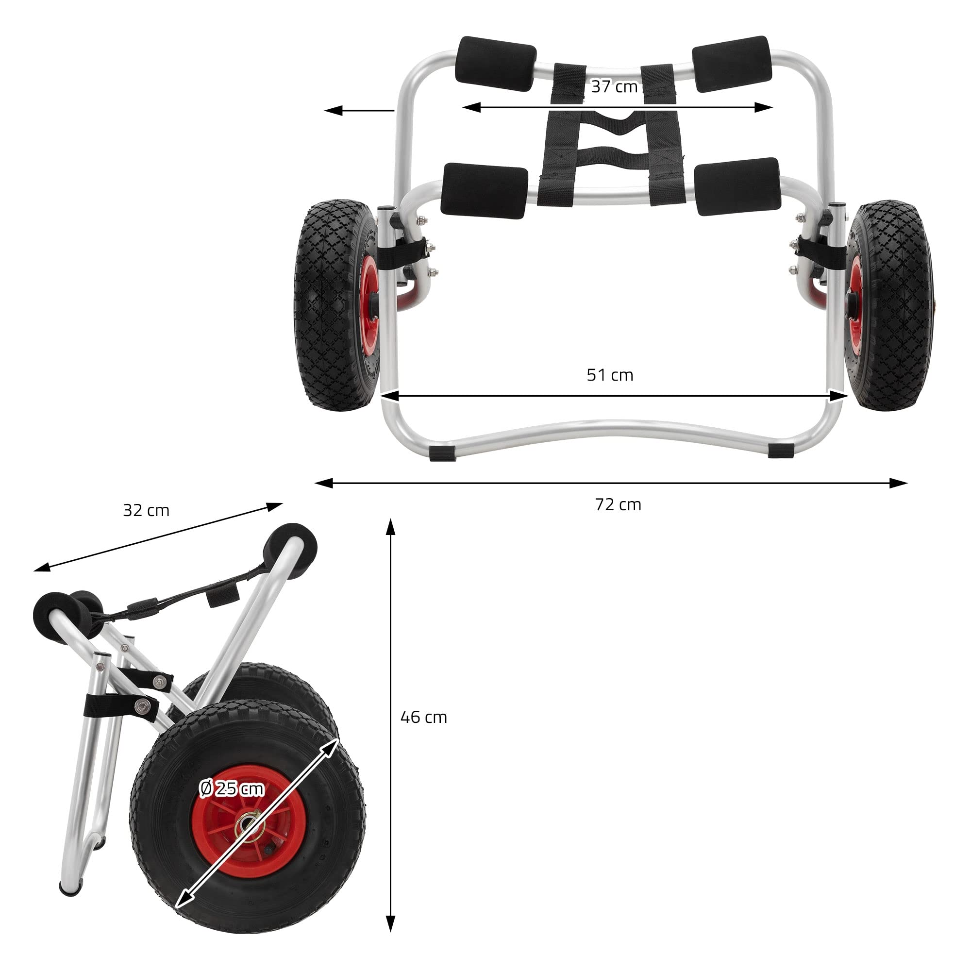 ECD Germany Kajakwagen Kanuwagen faltbar aus Aluminium 72x32x46 cm, bis 70 kg, inkl. Zubehör, Bootswagen Kajak Kanu Transportwagen Trolley Surfwagen Bootstrailer Faltboot SUP Surf Board Transport