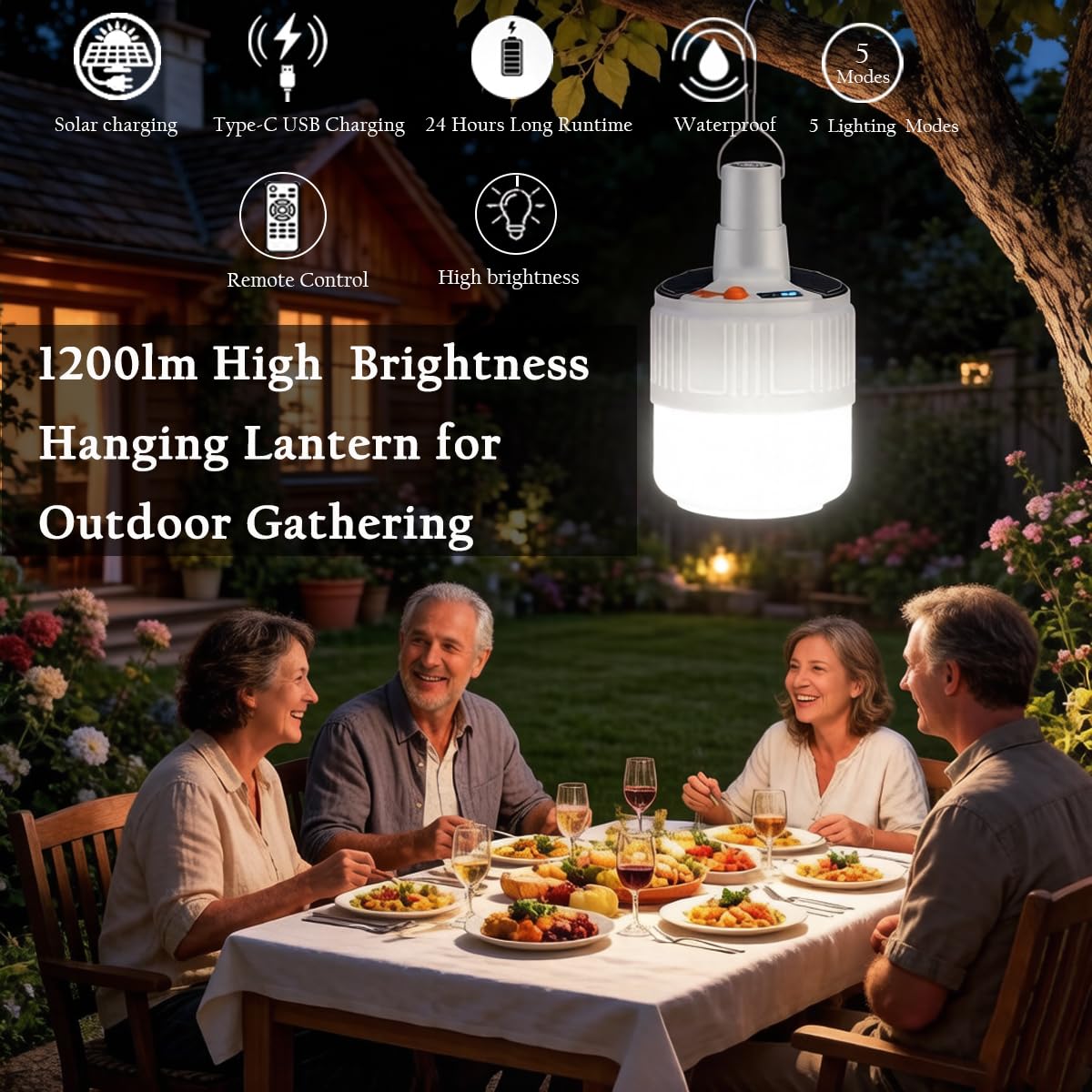 Lampada solare LED telecomando campeggio LED Blub tenda lanterna luci 5 modalità USB ricaricabile portatile gancio appeso all'aperto pesca emergenza cortile interruzione di corrente 3 pezzi
