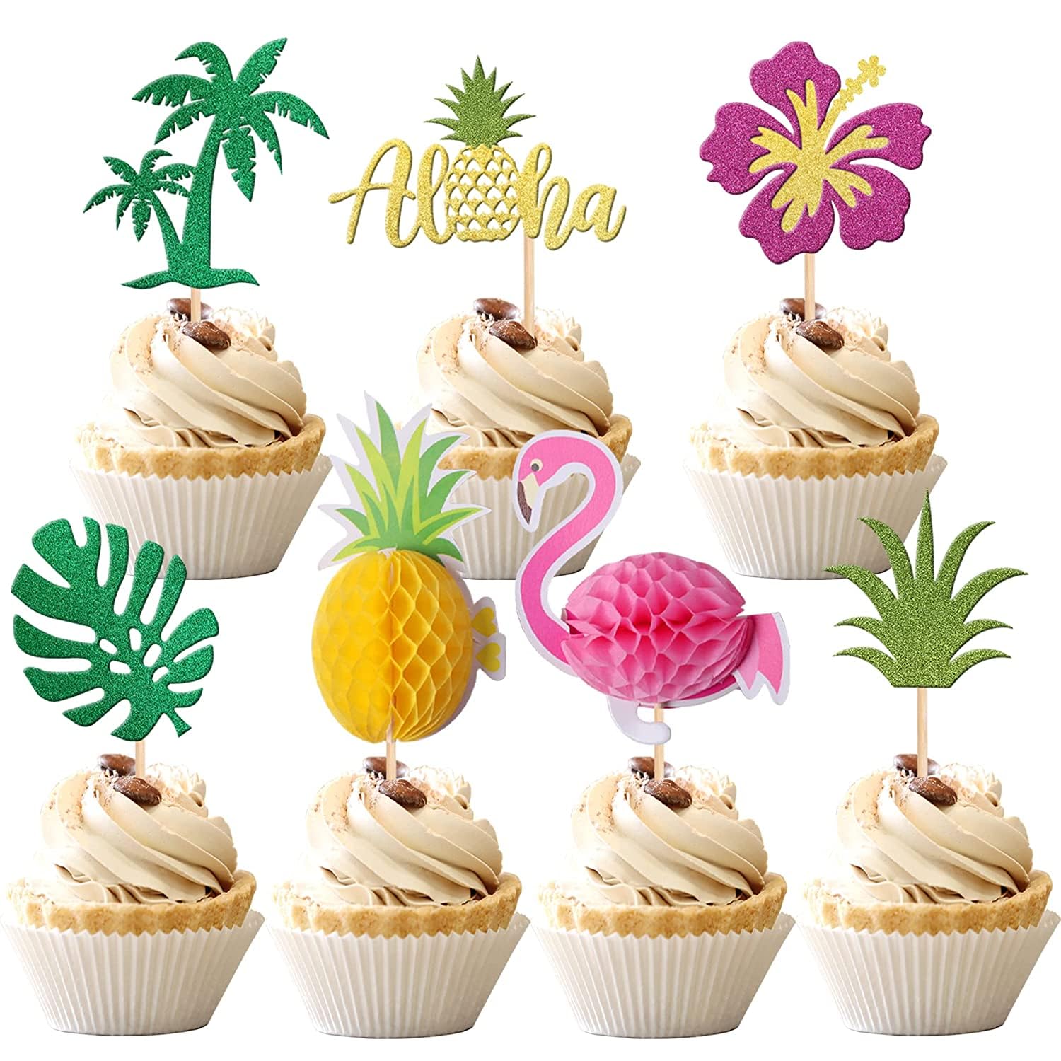 SYKYCTCY 28 Pack Tropical Cupcake Toppers Glitter Leaf Pineapple Flower Palm Tree Flamingo Cupcake Picks Aloha Luau Cupcake Decorations for Summer Baby Shower Birthday Wedding Party Cake Supplies โ image 1