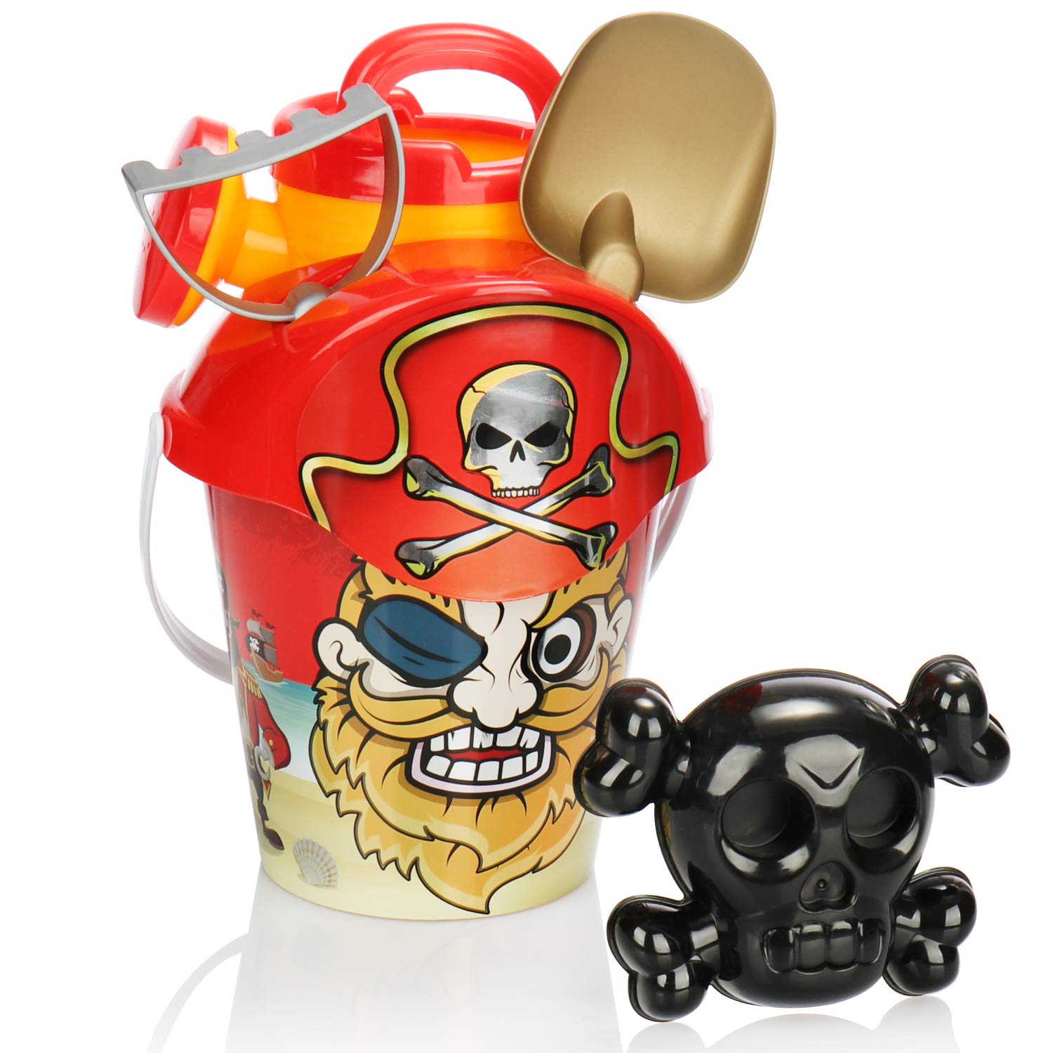 com-four® Juego de Juguetes de Playa de 6 Piezas - Juguetes de Arena para la Playa y el arenero - Cubo, Tapa con tamiz, Pala, rastrillo, Molde y regadera (Rojo)