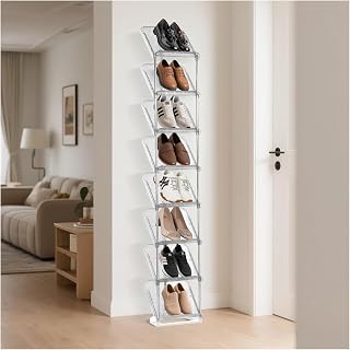 Vertical Shoe Rack 8 Tiers Narrow Clear Sneaker Storage Holder Luxurious Heels Upwards Organizer Tower Space Saving Free Standing Shelf for Entryway Closet Garage (Transparent)