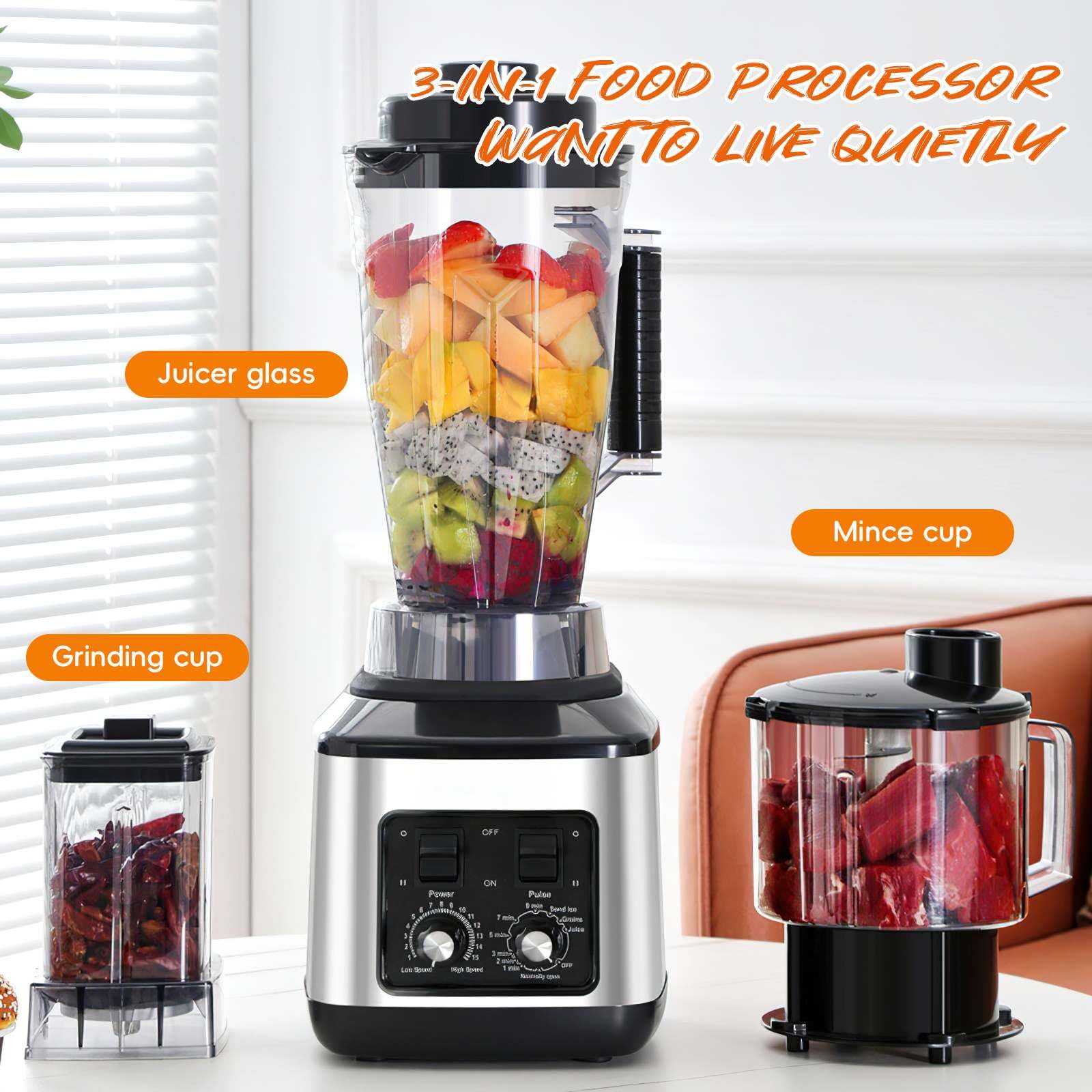 Frullatore professionale 3 in 1, frullatore per succhi e frullati con 15 velocità regolabili e funzione timer, 3 brocche e lame in acciaio inossidabile