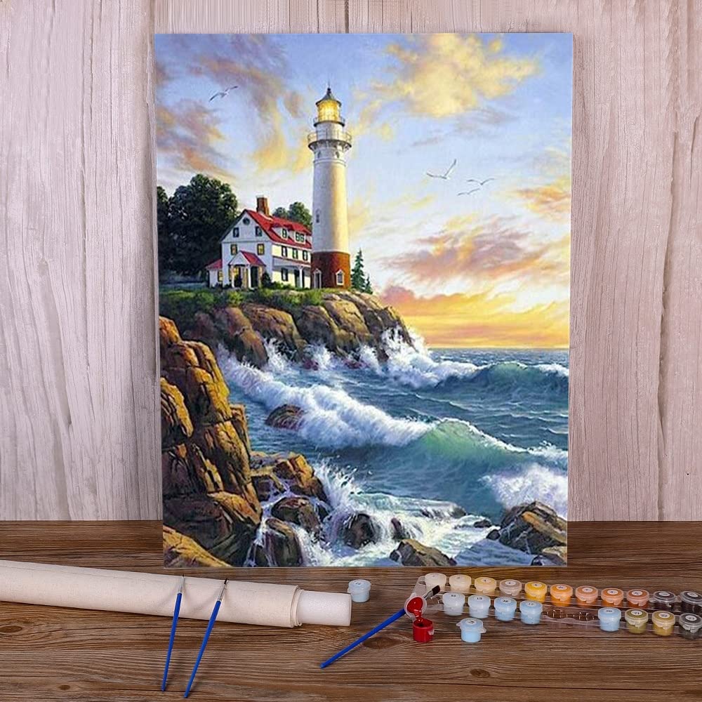 Pittura Con I Numeri Per Adulti E Bambini - Tela 40x50 Cm Con Tema Faro E Barca A Vela, Kit Fai Da Te, Wowdecor