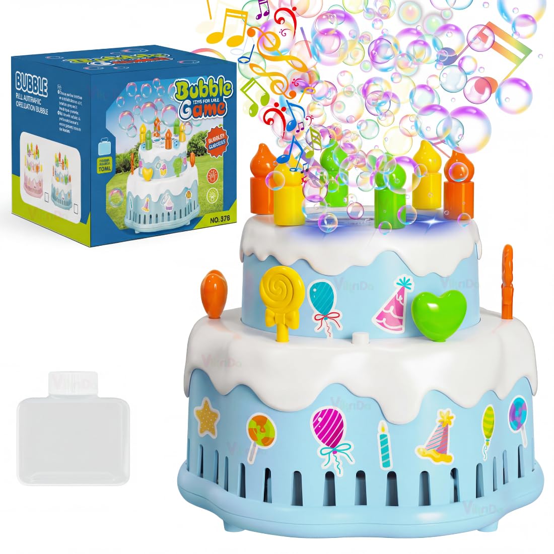 VikriDA Birthday Cake Bubble Machine, Automatic Bubble Blower for Kids 10000+ Bubbles Per Minute with Lights/Music/Solution, Party Cake Bubble Maker Toys for Birthday Outdoor Wedding Multicolor-image-10