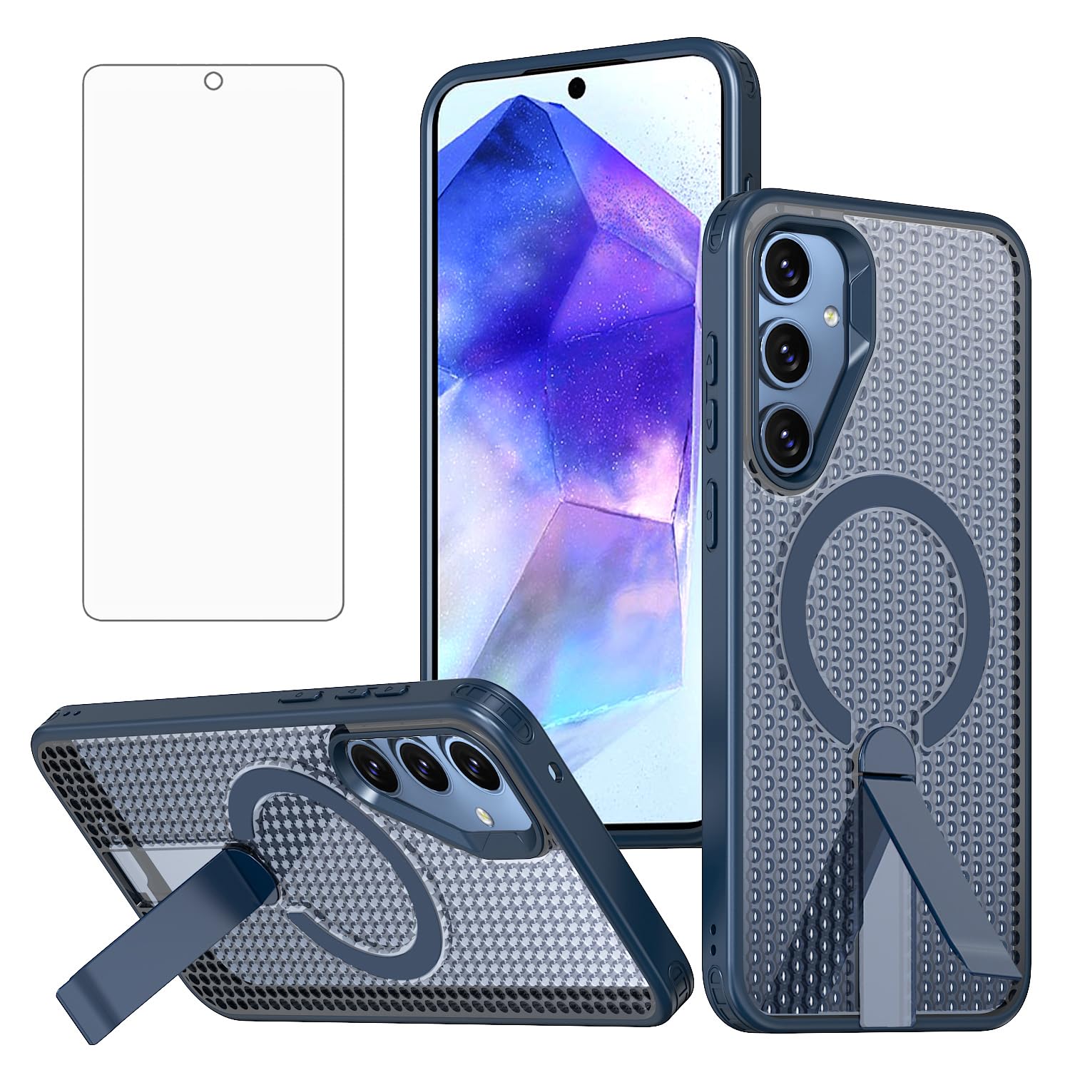 Phone Case for Samsung Galaxy A55 5G Compatible with Magsafe Tempered Glass Screen Protector Cell Cover Stand Rugged Shockproof Heavy Duty Magnetic Protective A 55 55A A555G Women Men Blue