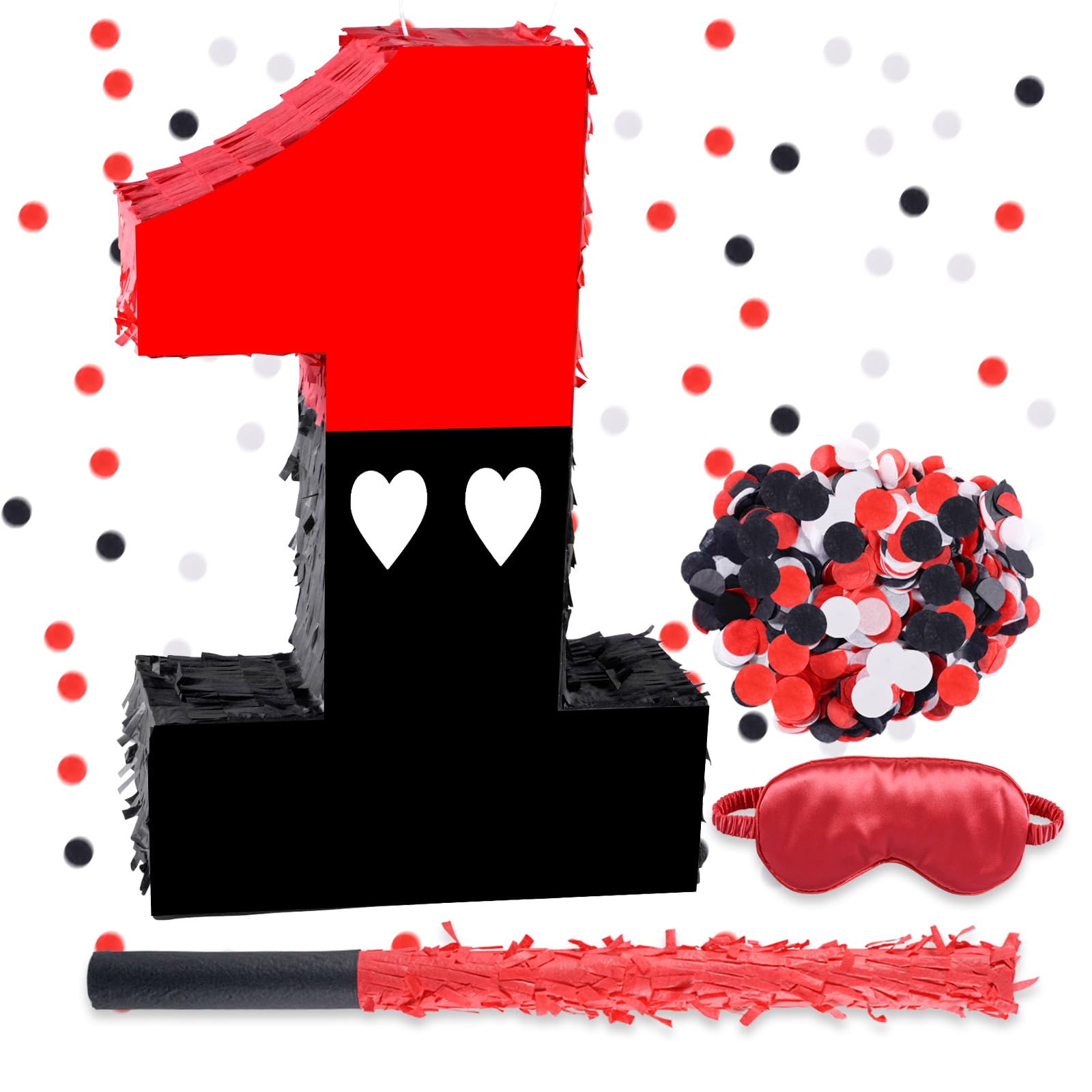 Red & Black Pinata, Number 1 Birthday Pinata with 16 Inch Piñata Stick Blindfold Confetti for 1st Kids Boys Girls Birthday Decorations Party Supplies,