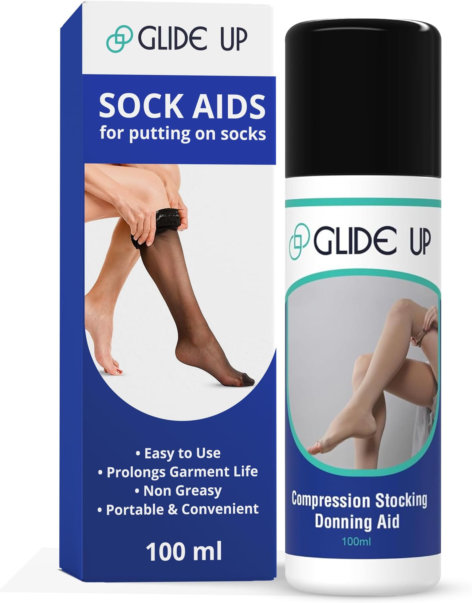 Glide Up Compression Sock Aid Lubricant Spray - Hypoallergenic Sock Aids for Putting on Socks, Stocking Donner for Putting on Compression Stockings - Non-Greasy & Non-Sticky Formula, 3.38 fl.oz.
