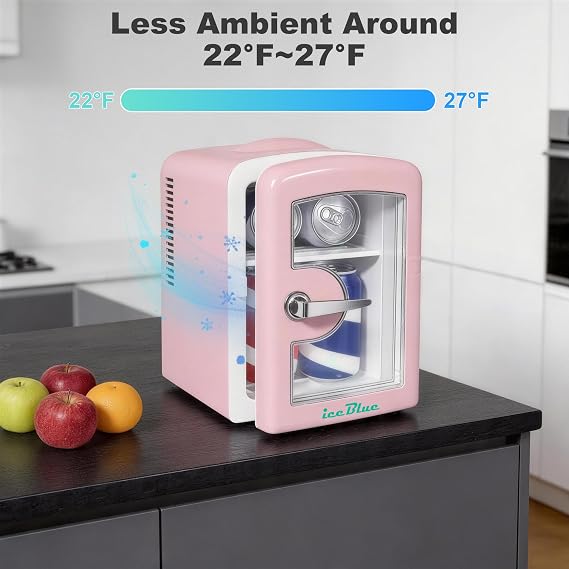 Mini Fridge, 4 Liter /6 Cans Skincare Fridge with Viewing Window (Pink) | Compact Mini Makeup Fridge for Beauty & Beverages, Dual-use Portable Tiny Fridge for Bedroom, Desk, Office, Home, Car, Gift
