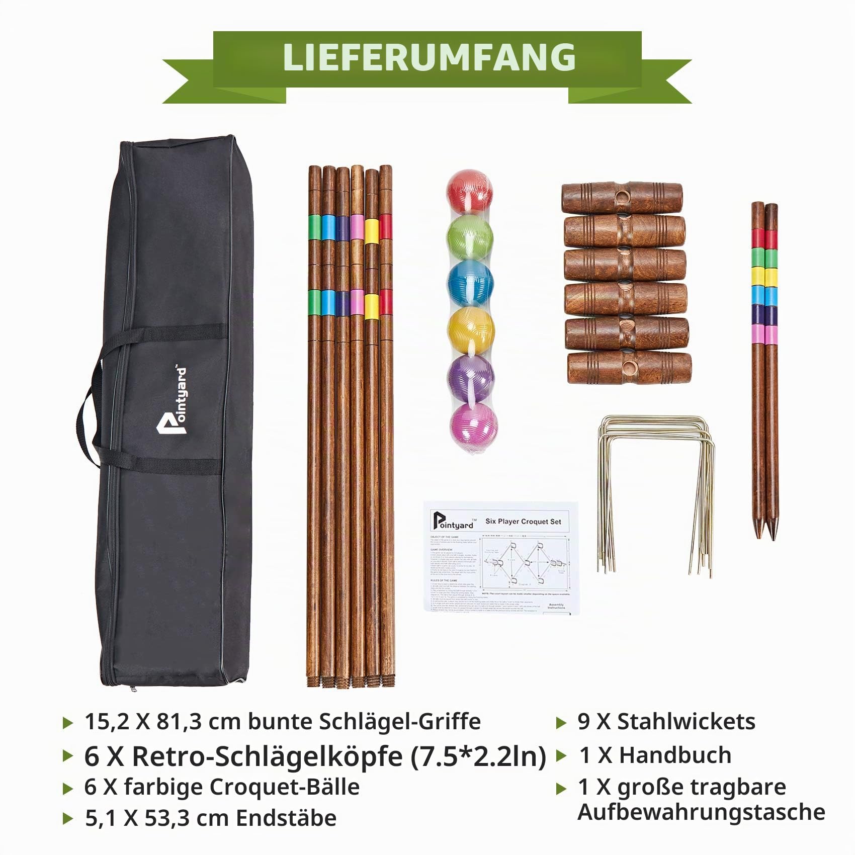 Krocket-Set für 6 Spieler, 81,3 cm, Vintage-Stil, Krocket-Set mit Holzschlägeln/farbigem Ball/Wickets/Heringen für Erwachsene/Jugendliche/Familie, perfekt für Rasen/Hinterhof-Spiel/Park