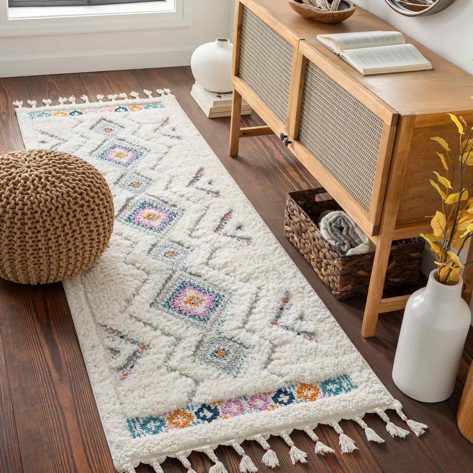 Rackhams Ivory/Orange/Blue Lofty-Shaggy Vintage Boho Plush Soft Pile Fringe Rug - 80 X 220 Cm