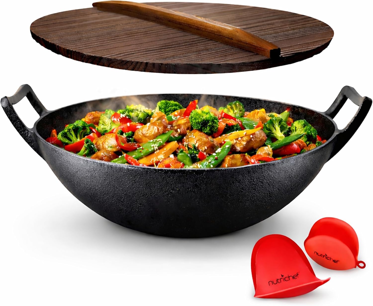 NutriChef Cast Iron Pan 30 cm - Wok Pan Induction with Lid, Cast Iron Pan for All Hobs Oven-Safe, Uncoated, Non-Stick Effect, Deep Pan with Handles