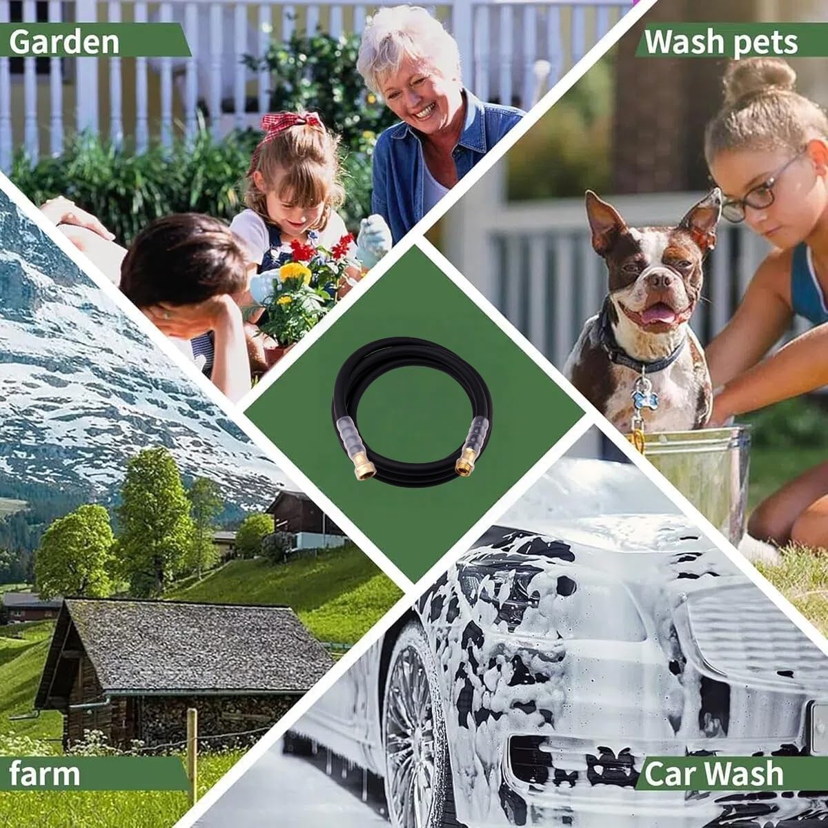 Heavy Duty Premium Garden Hose 15ft x 5/8", 300PSI Working, 1000PSI Burst, Hybrid Rubber Water Hose with Transparent Swivel Handle - Hot/Cold Water - Five Layered Braiding with Brass fittings (Black)