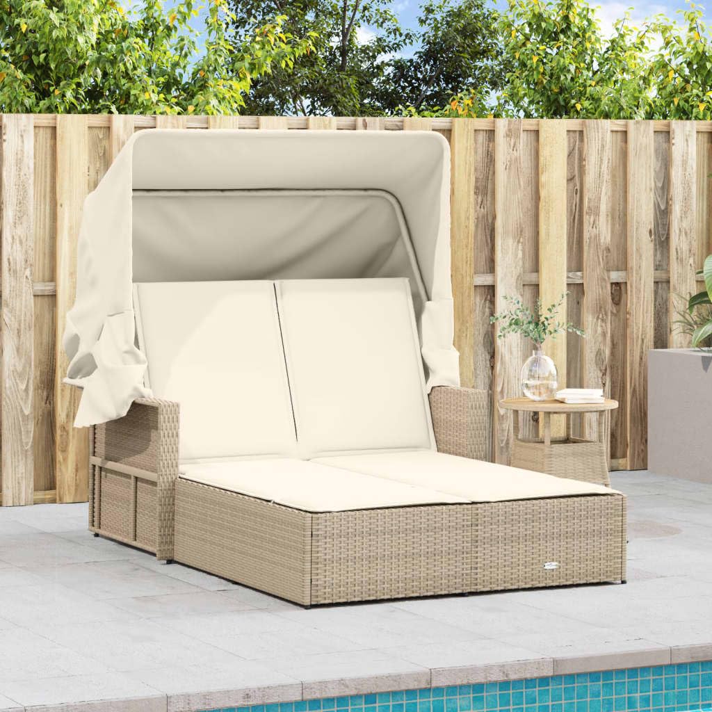 Homgoday Lettini da Giardino,Lettino Doppio con Baldacchino e Cuscini Beige in Polyrattan,Lettini Prendisole, Divano Letto Mobili, Lettino da Piscina, Lettino Prendisole da Giardino