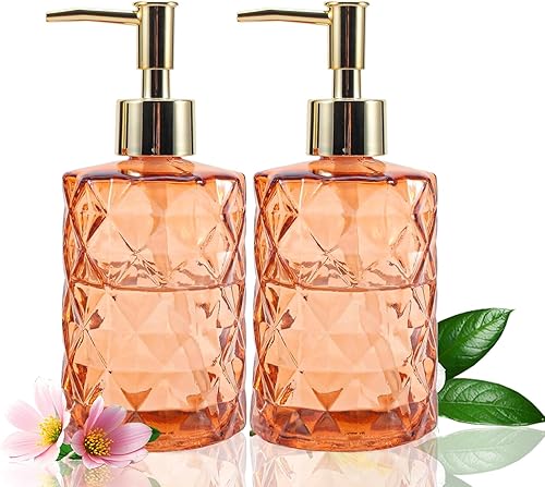 Dispensador de jabón de vidrio naranja con bomba dorada, paquete de 2 dispensadores de jabón para encimera de baño de 12 onzas, dispensador de jabón