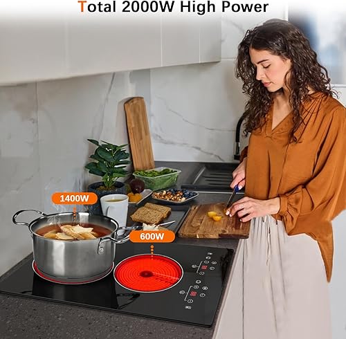 Miniatura 3 de Placa eléctrica de 2 quemadores, estufa eléctrica de 2000 W, estufa de cerámica integrada y de encimera con control táctil, 9 niveles de potencia,