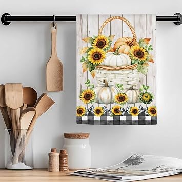 Rustic Pastoral Sunflower Pumpkin Kitchen Towels 1 Pack,Microfiber Dish Towel Set Buffalo Plaid Bow White Wood Soft Highly Absorbent Tea Hand Towel Quick-Drying Cleaning Towels Dish Cloths