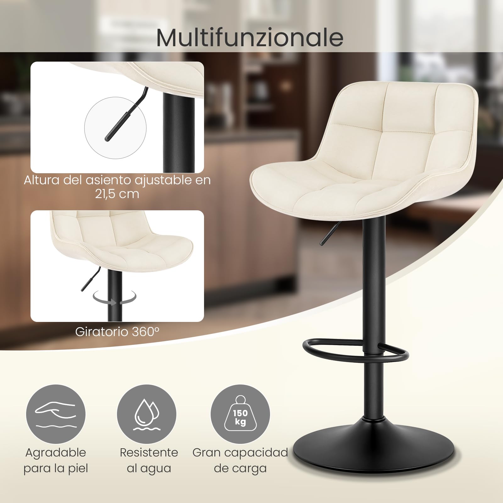 EUGAD Taburetes de Bar Giratorios con Respaldo y Reposapies, Crema | Juego de 2, Ajustable en Altura 60-81,5 cm, para Bar y Cafetería, Terciopelo