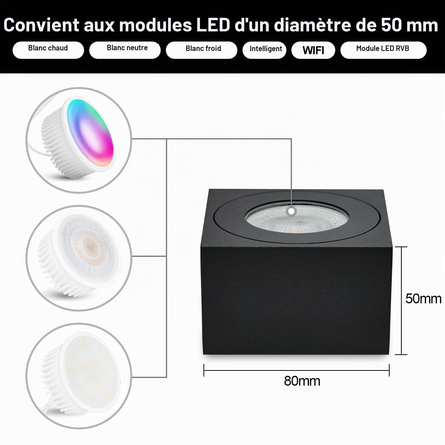 KYOTECH Spot LED en Saillie IP44 pour salle de bain Ø80x80x50mm Plafonnier Luminaire pour Module LED Carré Apparent Downlight Lampe Noir, Ampoule non incluse, Lot de 4