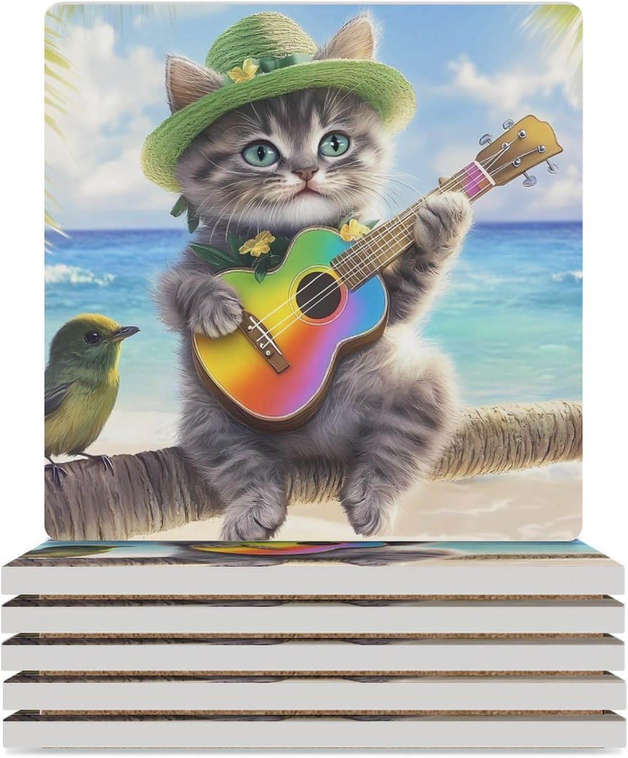Cat Playing Guitar Beach Bird Funny Ceramic Coasters for Drink Absorbent Cup Holders Tabletop Protection