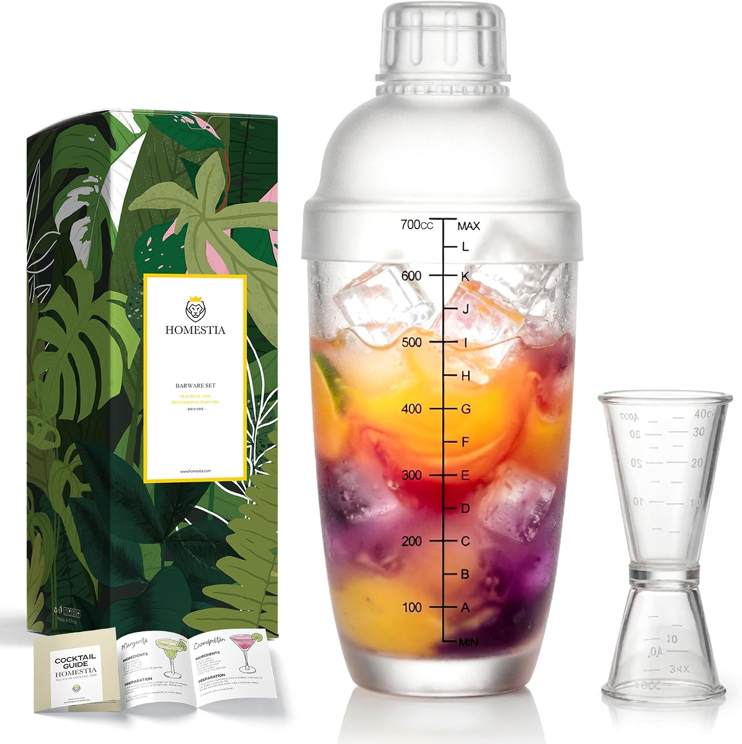 Homestia 2Pcs Plastic Cocktail Shaker with Measure Jigger Set (700cc/24oz)