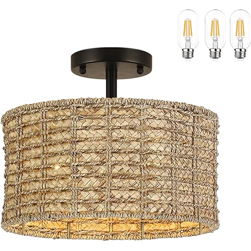 Semi Flush Mount Ceiling Light,3-Lights Rattan Boho Ceiling Light Fixture,Flush Mount Ceiling Light Fixture with Woven Wicker Lampshade, Rustic Chandelier for Living Bedroom Entryway Kitchen Nursery