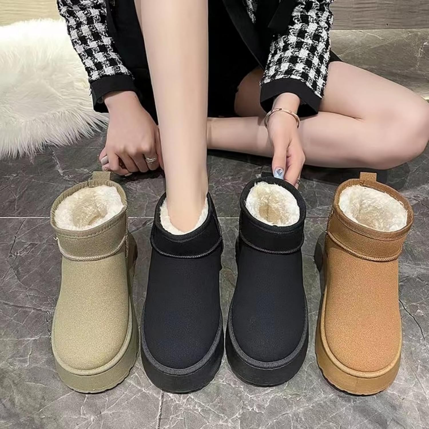 Short Winter Boots for Women - Faux Suede Thick Shoes - Soft Slip-On Boot - Warm Snow Bootie for Cold Weather