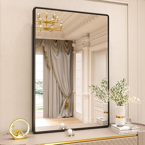 New Upgrade Bathroom Mirror, 48X32 Inch Black Metal Frame Wall Mounted Rounded Rectangle Bathroom Vanity Mirror with Tempered Glass for Washroom Bedroom Living Room