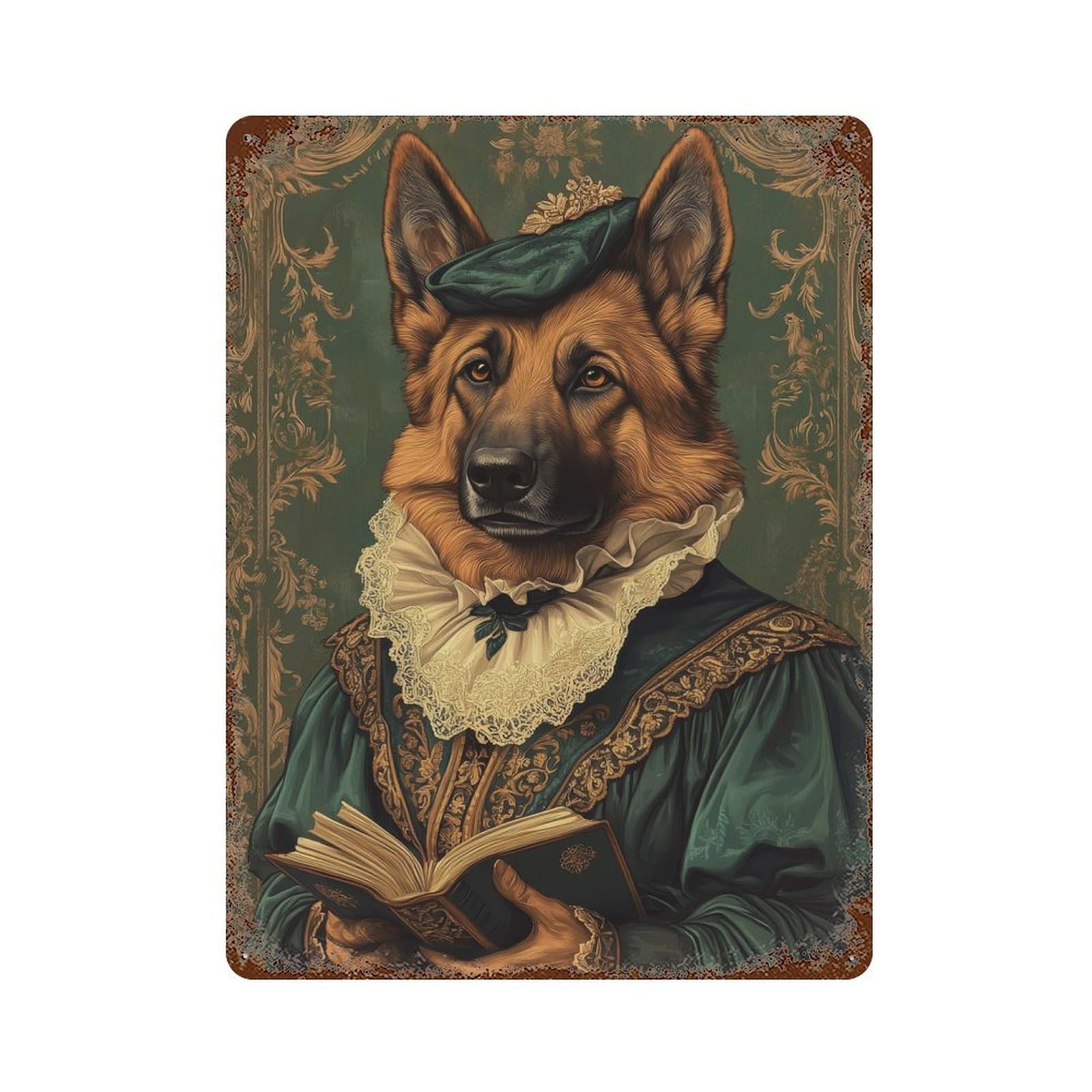 German Shepherd in Renaissance Attire Classic Dog Art 15.7"x11.8" Vintage Rust Metal Sign, Shabby Chic Decor for Garage, Bar And Workshop Decor