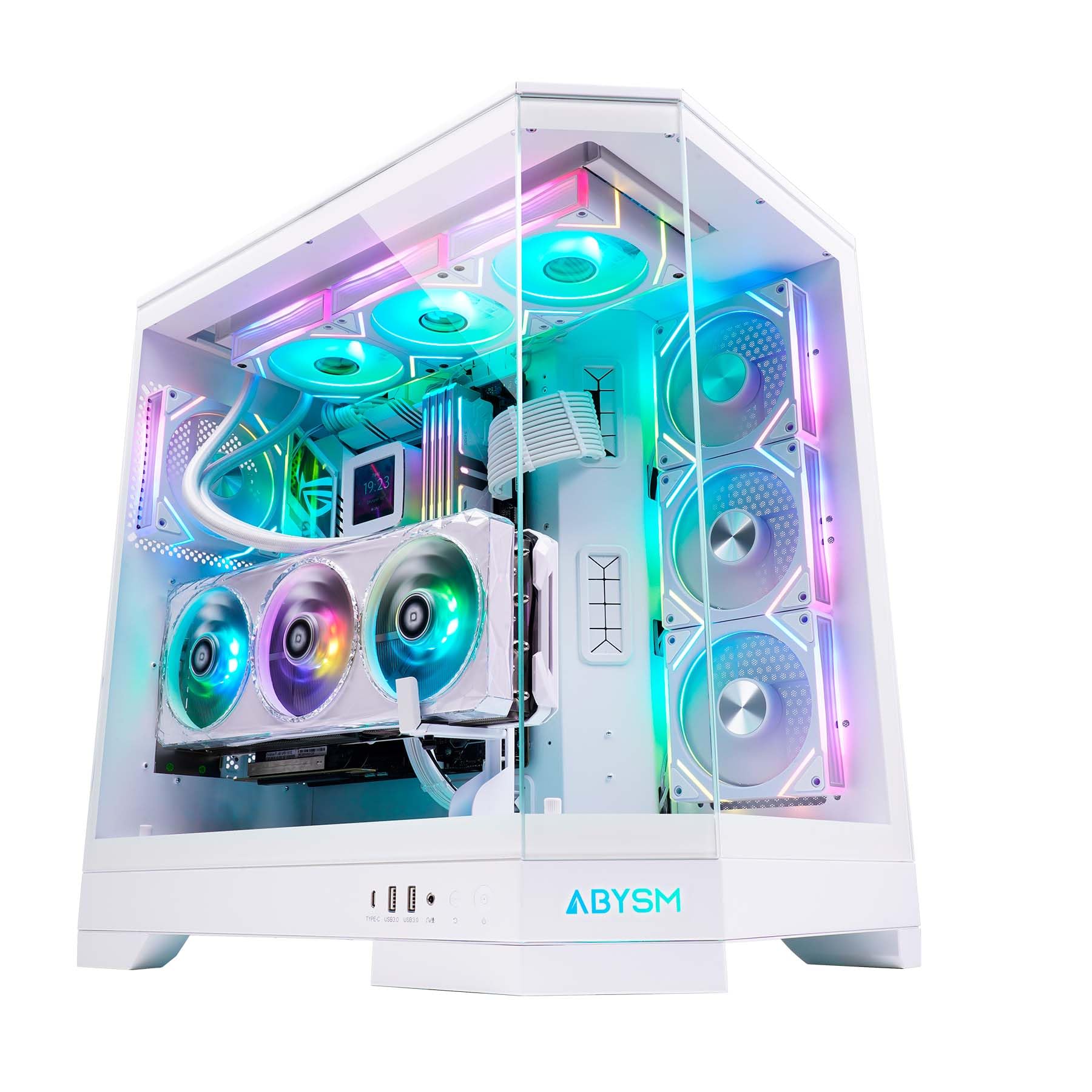 ABYSM Gaming Case PC Gamer Danube SAVA H600 White E-ATX con 3 pannelli in vetro temperato, 4 ventole ARGB da 120 mm, controller, supporto per GPU e cavo riser PCIe 4.0 16x