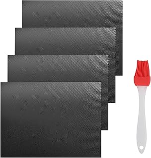 CTDMJ BBQ Grill Mats 4 Pack BBQ Grill Mat set BBQ Mat mit 1 Grill Brush Non Stick Teflon Barbecue Baking Mats for Charcoal, Gas or Electric Grill - Heat Resistant, Reusable and Easy to Clean