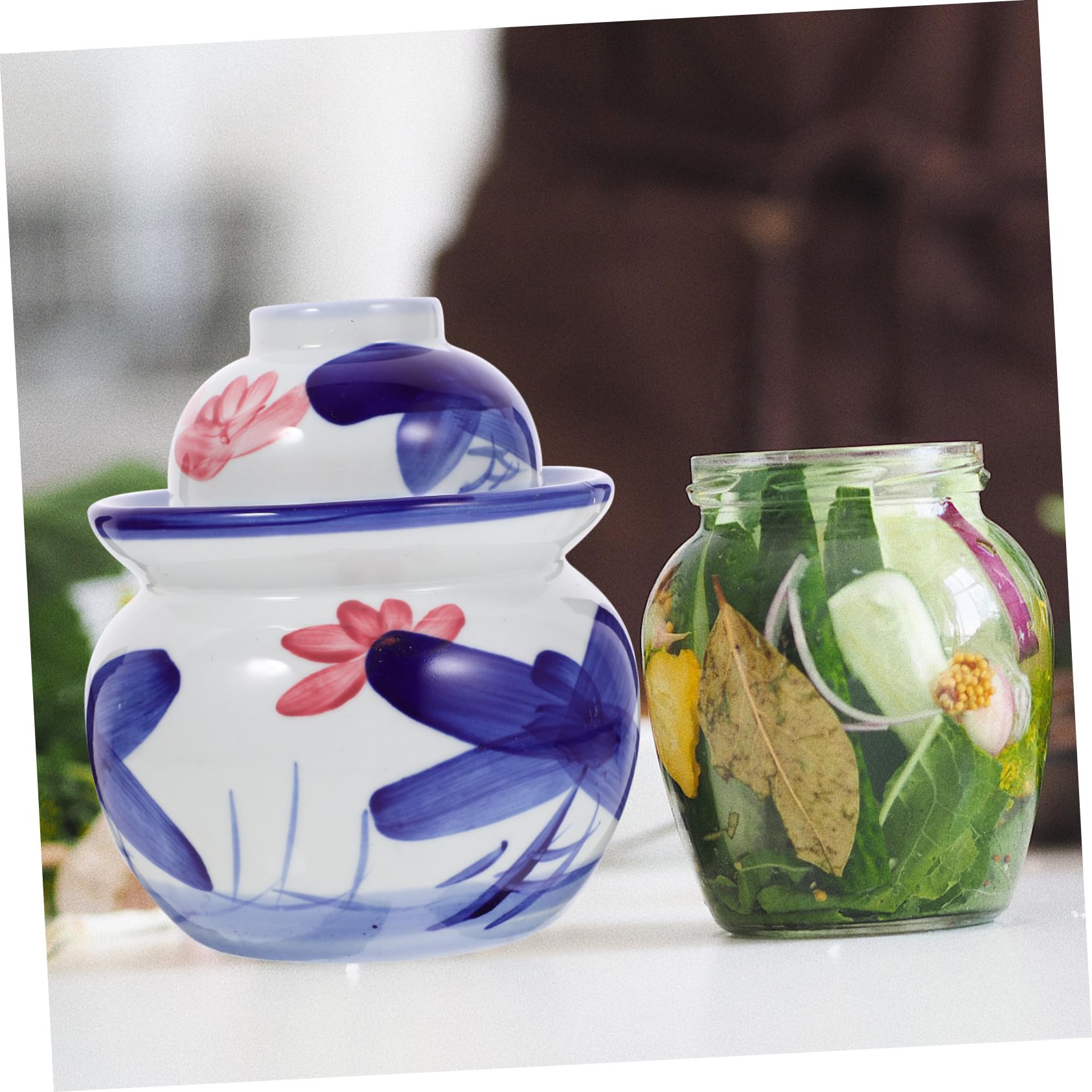 Mikikit Vaso di Fermentazione Tradizionale in Materiale Vetrificato per Sottaceti, Bocca Larga con Coperchio, per Cetrioli e Preparazioni Casalinghe