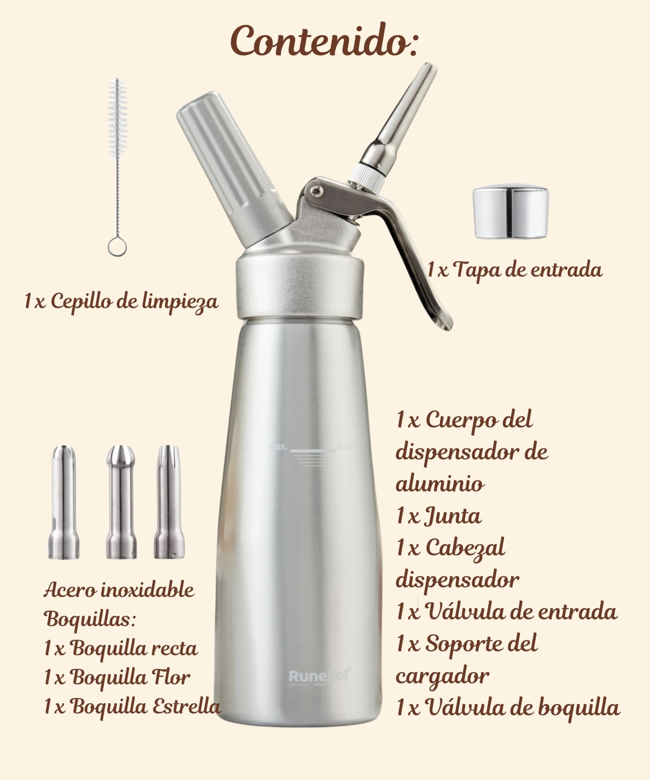 Runesol Sifón de Cocina Profesional Aluminio 500ml, Sin Fugas, 3 Boquillas de Acero Inoxidable, Sifon Cocina para Espumas, Facil de Usar Sifones de Cocina para Postres y Nata Montar, Siphon de Espuma