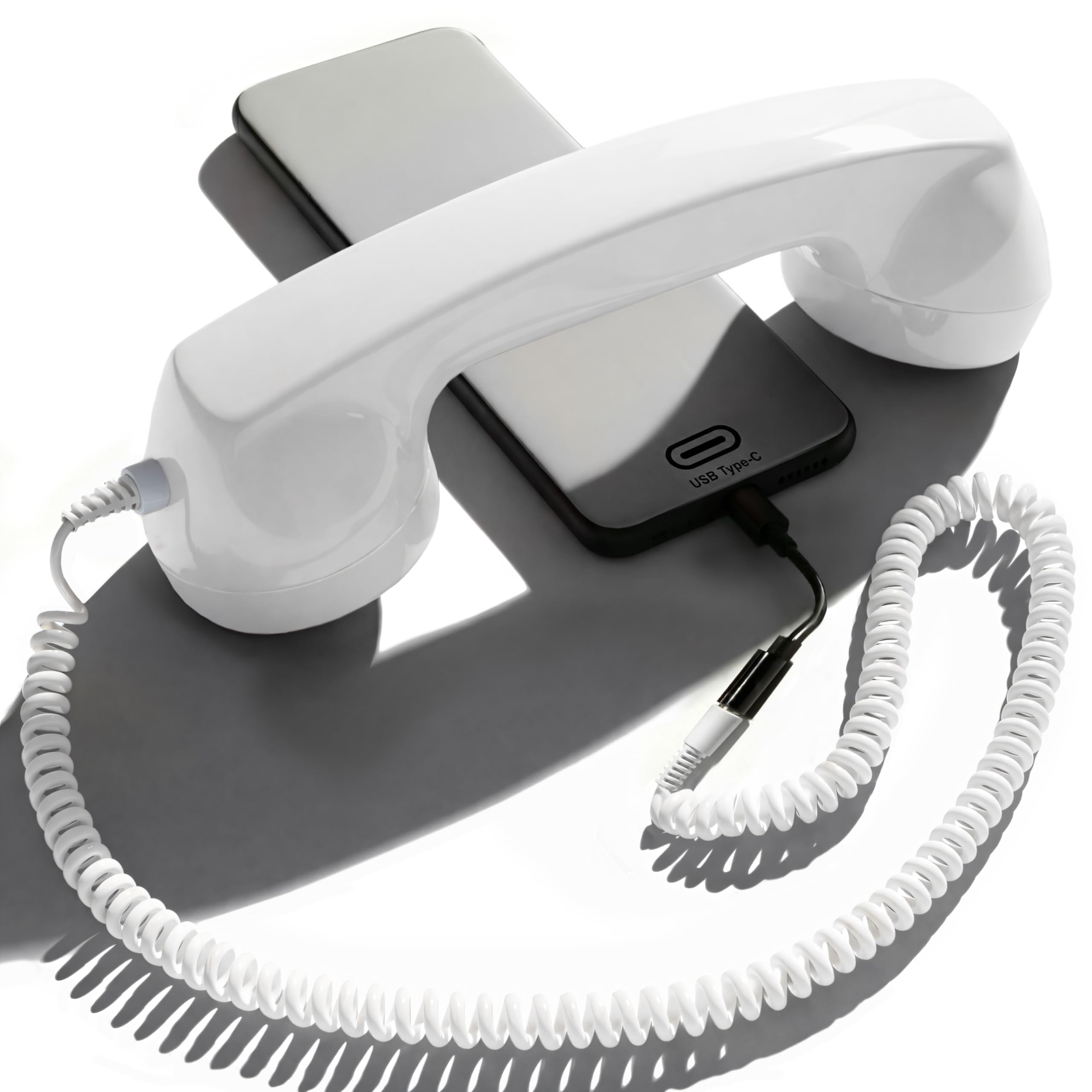 Opis Technology 60s Micro Retro Phone Handset for Smartphones, Corded Receiver with 3.5 mm Plug and USB-C Adapter, for Android, Tablets and Computers (White)