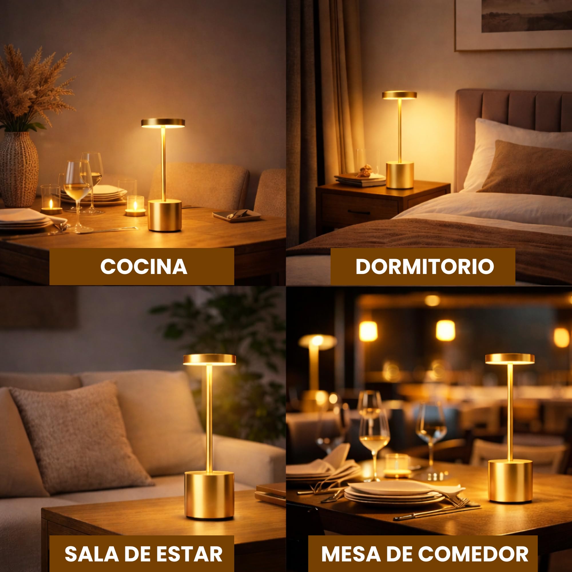 Pack de 2 Lámparas de Mesa LED Inalámbricas Recargables Doradas – Control Táctil, 3 Modos de Luz, Brillo Regulable, Diseño Moderno para Dormitorio, Salón, Restaurante o Bar