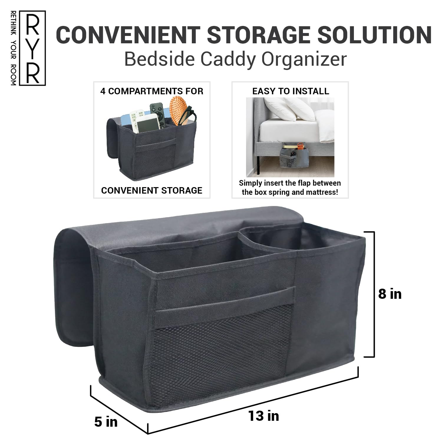 RETHINK YOUR ROOM Bedside Storage Caddy Organizer, Phone TV Remote Control Magazines Tablet Water Bottle, Home College Dorm Bunk, Warsaw Grey