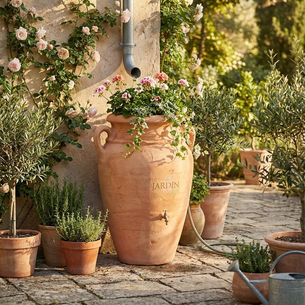 Deposito de Agua Terracota 360 litros | Anfora Jardin 360 L con Grifo | Deposito Agua de Lluvia 78x120 cm | Depositos de Agua Decorativos