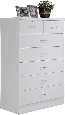 HODEDAH 7 Drawer Wood Dresser for Bedroom, 31.5 inch Wide Chest of Drawers, with 2 Locks on the Top Drawers, Storage Organization Unit for Clothing, White