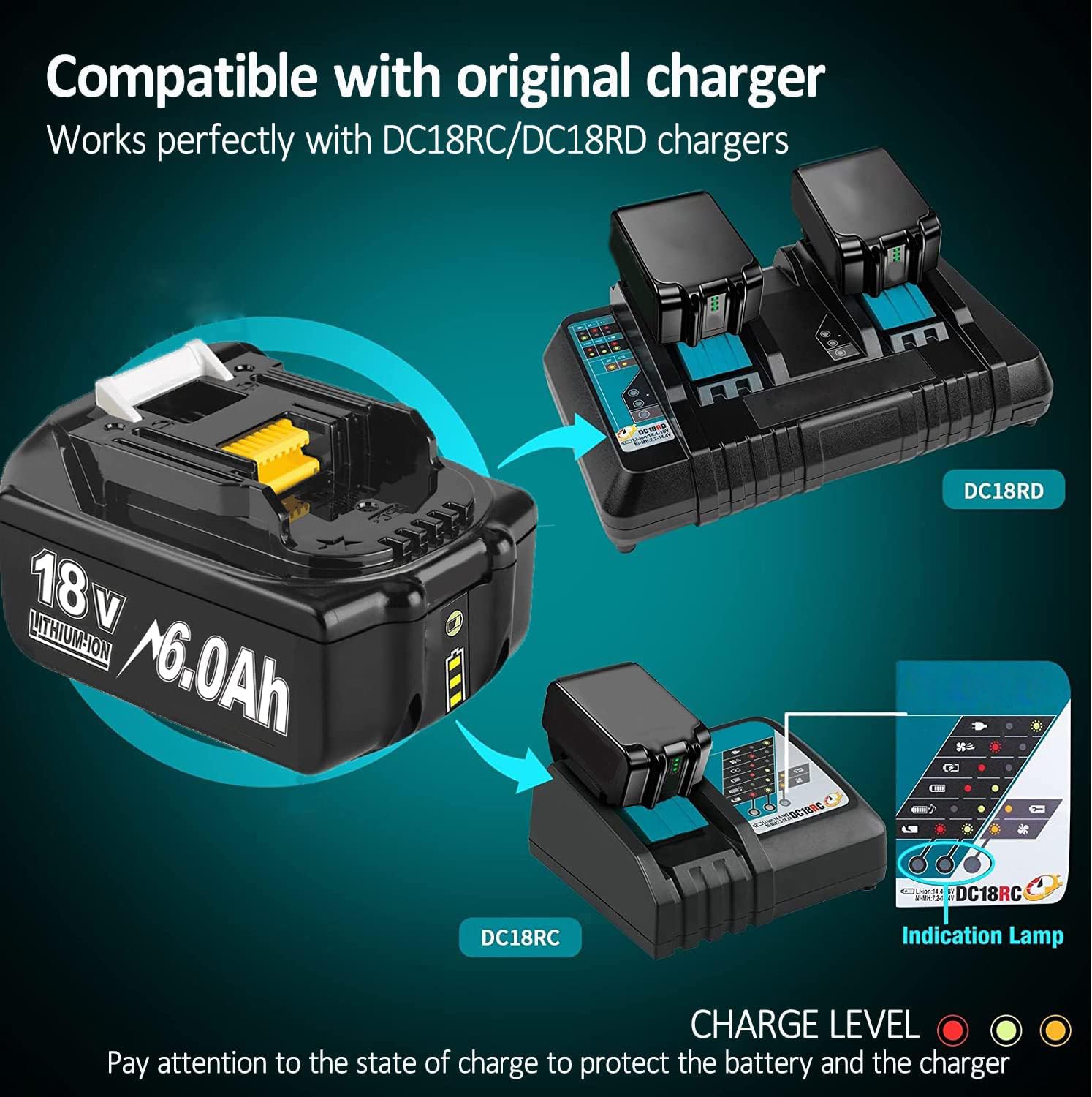 18 V BL1860B - Remplacement pour batterie Bonadget uniquement