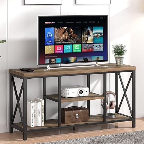 Miniatura 18 de FOLUBAN Soporte de TV para TV de hasta 65 pulgadas, centro de entretenimiento de madera rústica y metal con estantes de almacenamiento, mesa consola